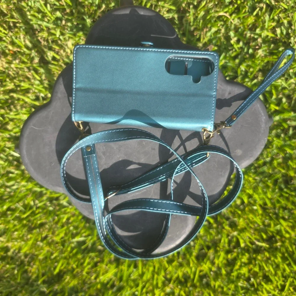 Metallic Teal Wallet Phone Case Crossbody Wristlet with Card Slots and Zipper